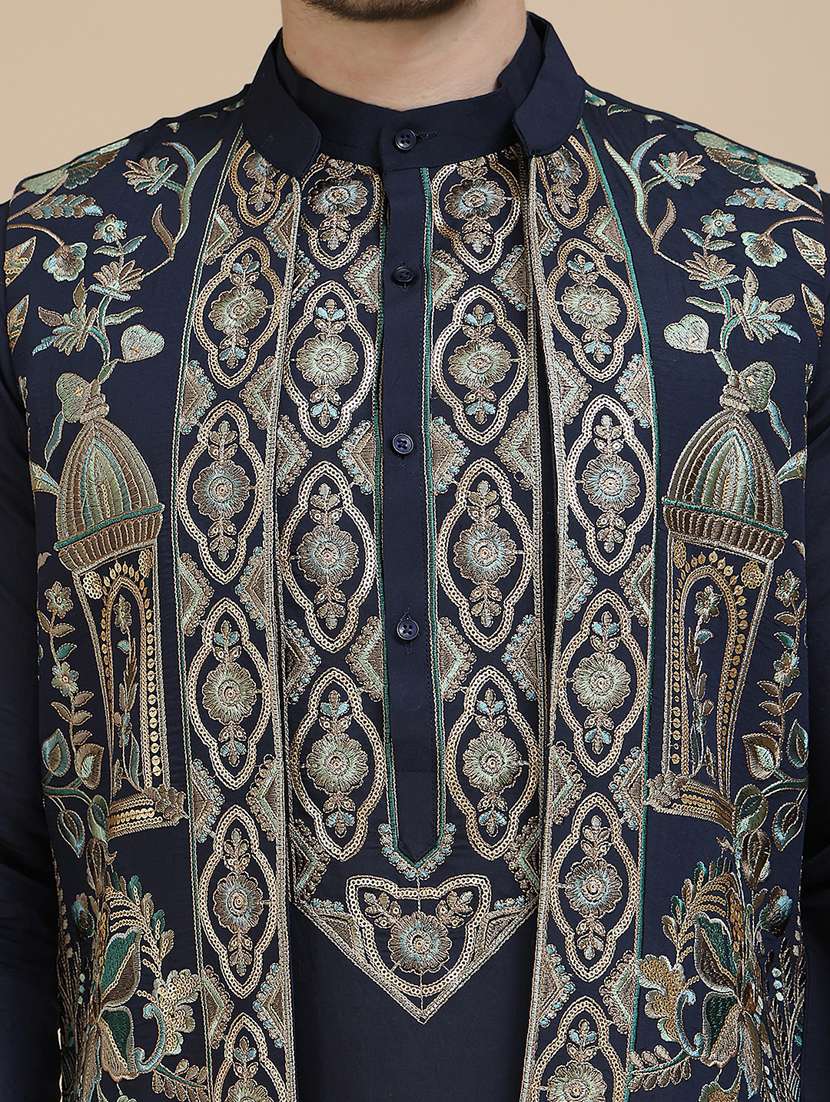 men mandarin neck kurta pyjama with jacket ethnic wear set - 21939513 -  Standard Image - 2