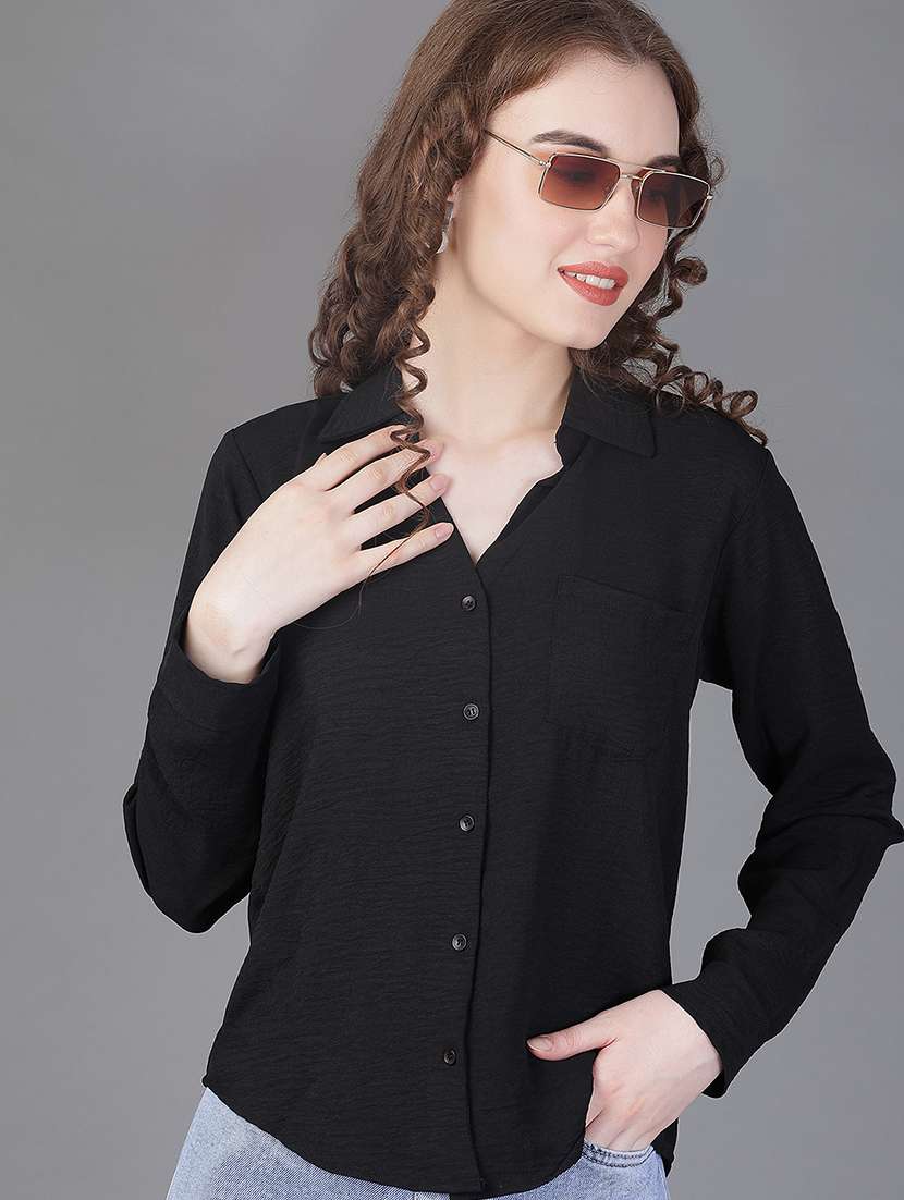 women solid collared long sleeve shirt