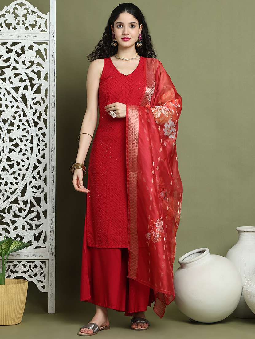 women embroidered sleeveless kurta palazzo with dupatta set