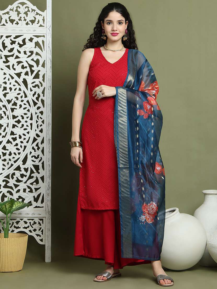 women embroidered sleeveless kurta palazzo with dupatta set