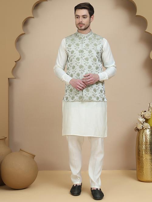 men mandarin neck kurta pyjama with jacket ethnic wear set - 21940187 - Standard Image - 0