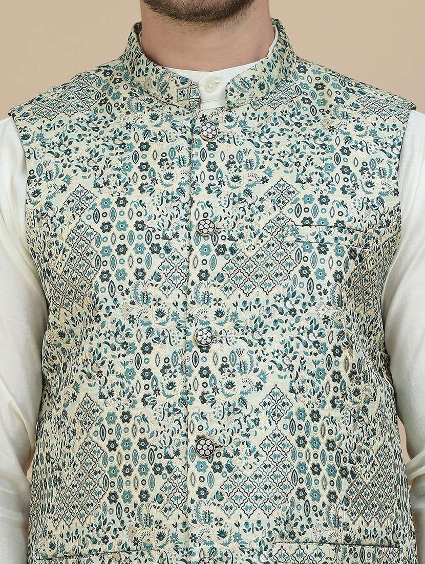 men mandarin neck kurta pyjama with jacket ethnic wear set - 21940189 -  Standard Image - 2