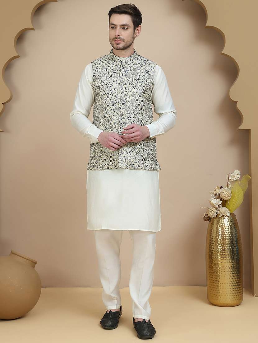 men mandarin neck kurta pyjama with jacket ethnic wear set