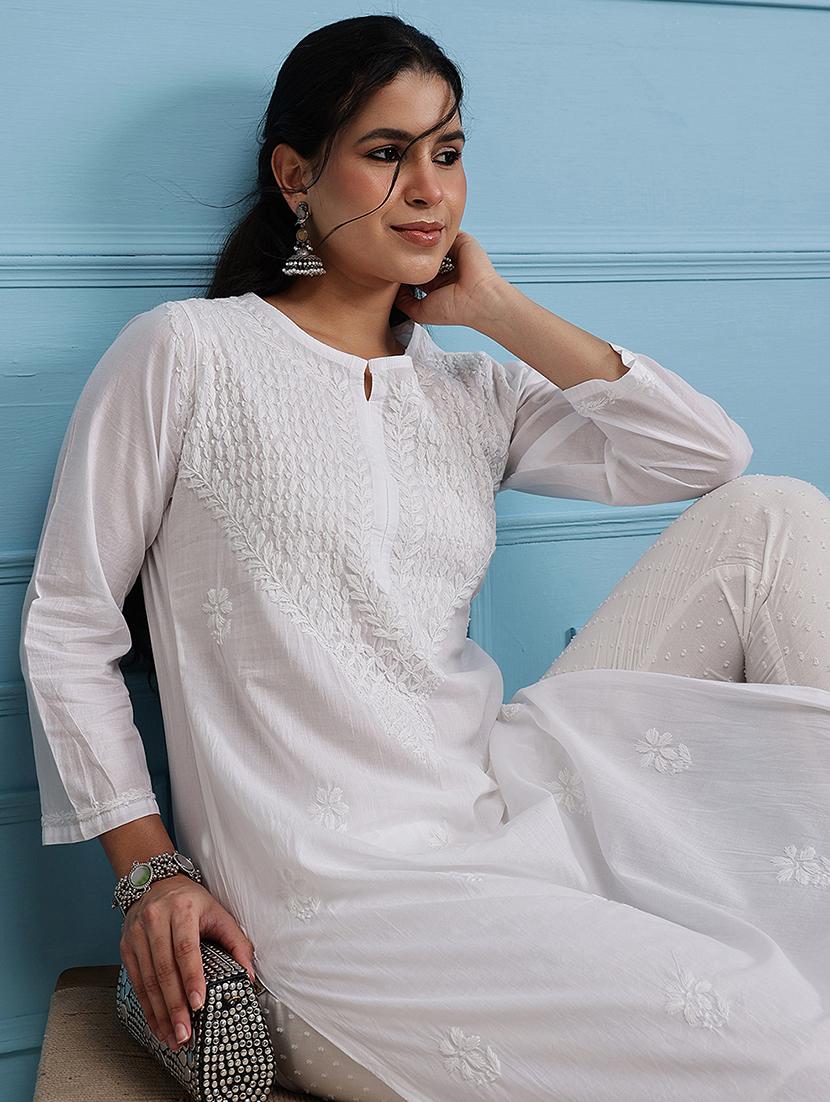 women chikankari long sleeve straight kurta - 21940195 -  Zoom Image - 0