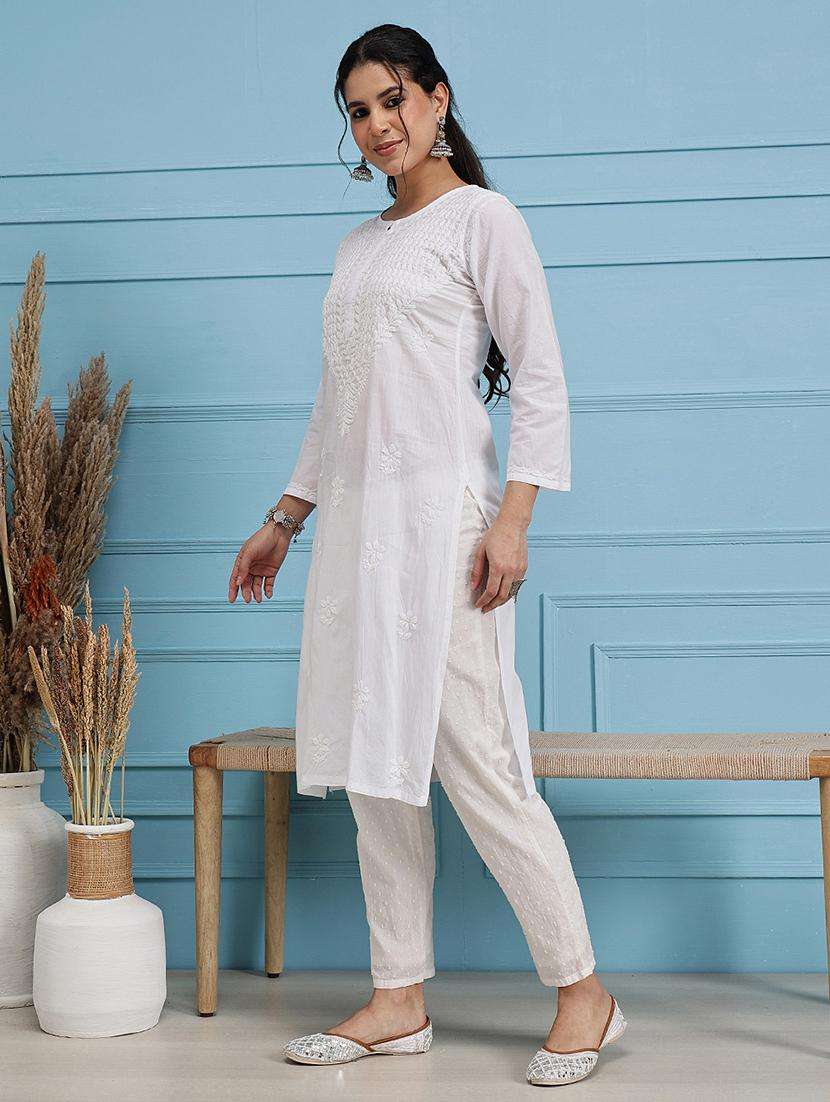 women chikankari long sleeve straight kurta - 21940195 -  Standard Image - 2