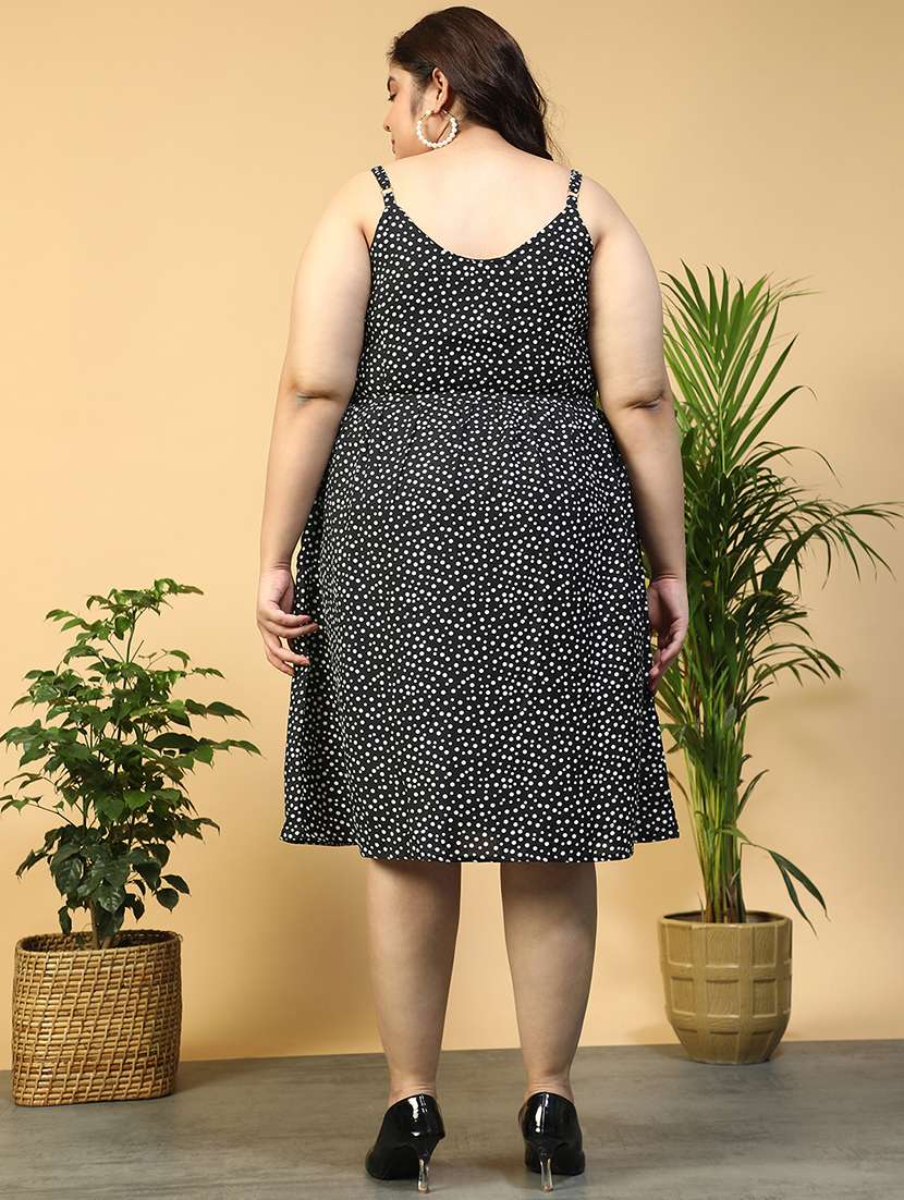 Women Plus Size Polka Doted Shoulder Strap A Line Dress