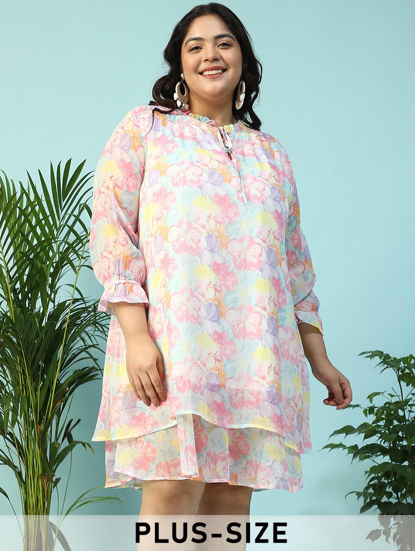 women plus size printed long sleeve layered dress - 21940225 - Zoom Image - 0