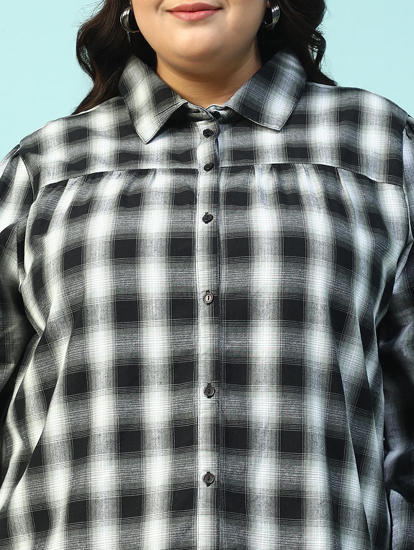 women plus size collared checkered long sleeve shirt - 21940235 - Standard Image - 2