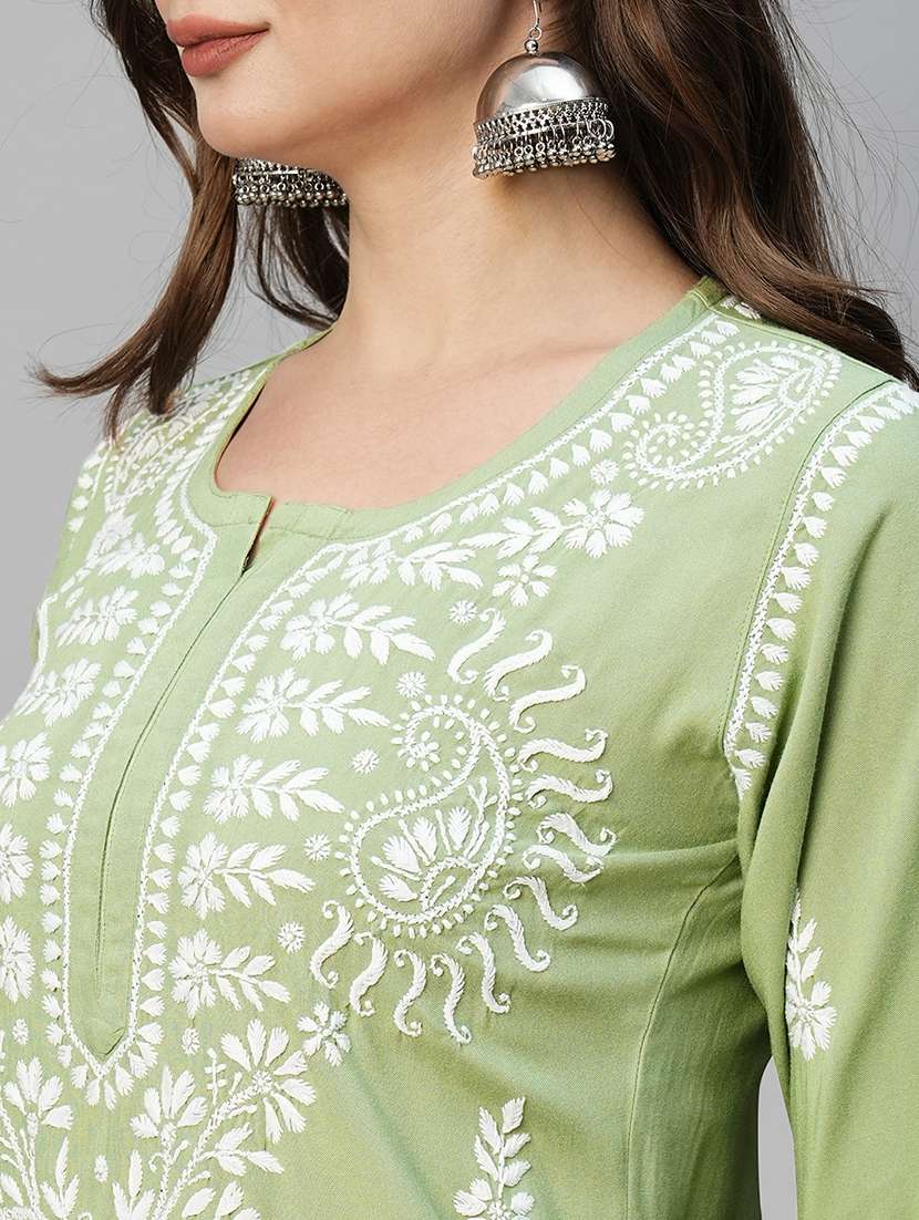 women chikankari long sleeve straight kurta - 21940269 -  Standard Image - 2