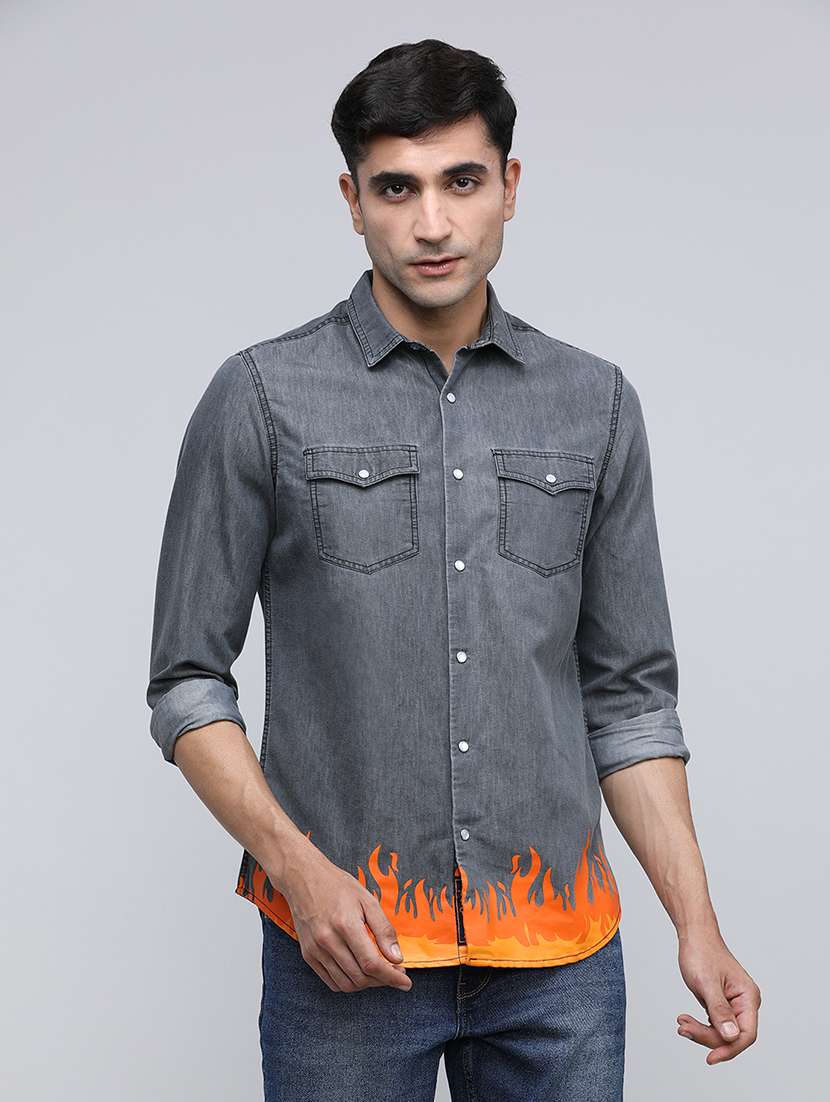 men placement print long sleeve regular fit casual shirt