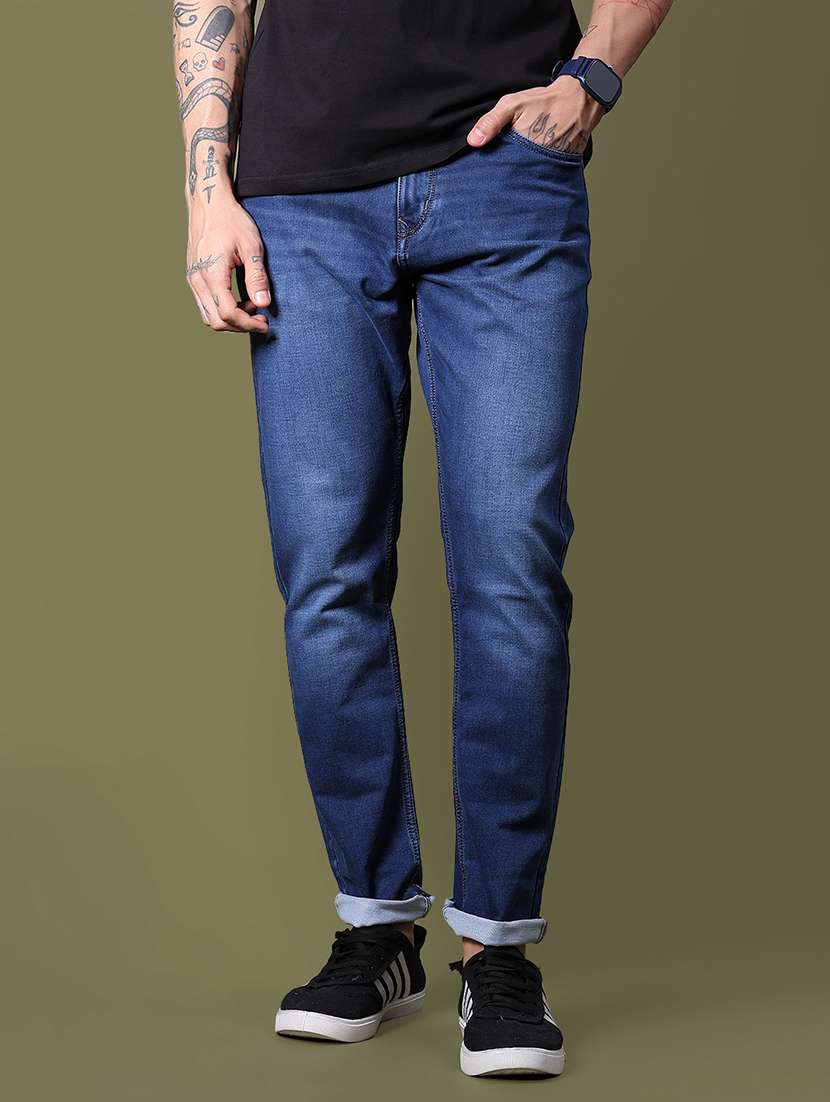 men washed mid rise full length jean