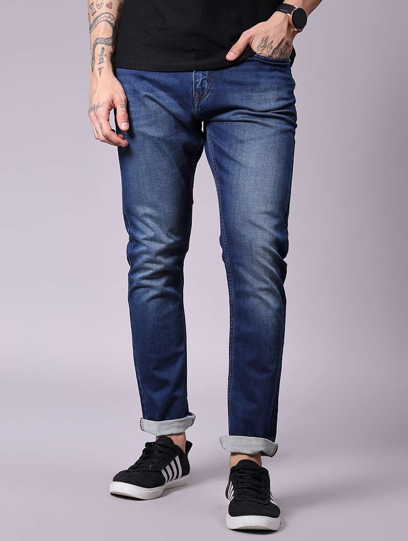 men washed mid rise full length jean