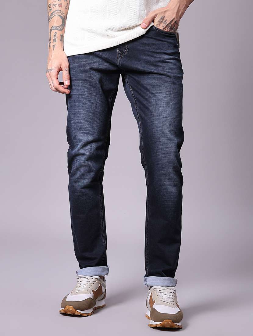 men washed mid rise full length jean