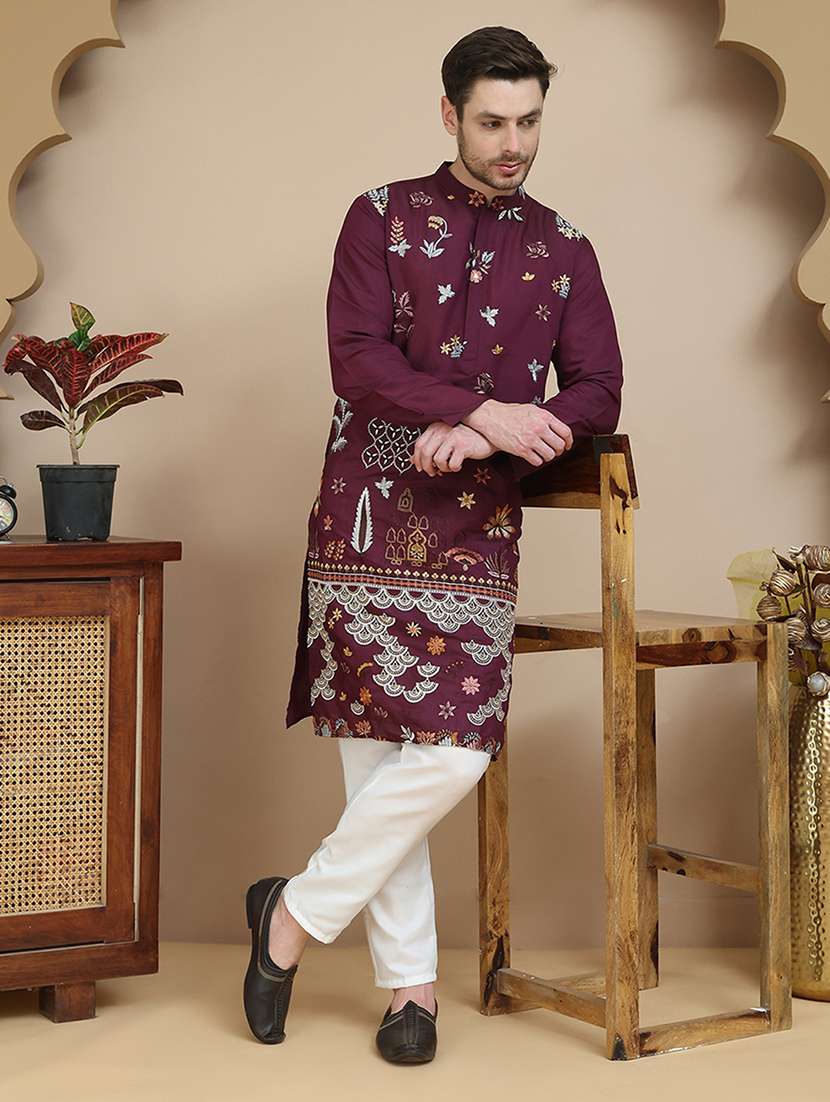 men mandarin neck kurta pyjama ethnic wear set