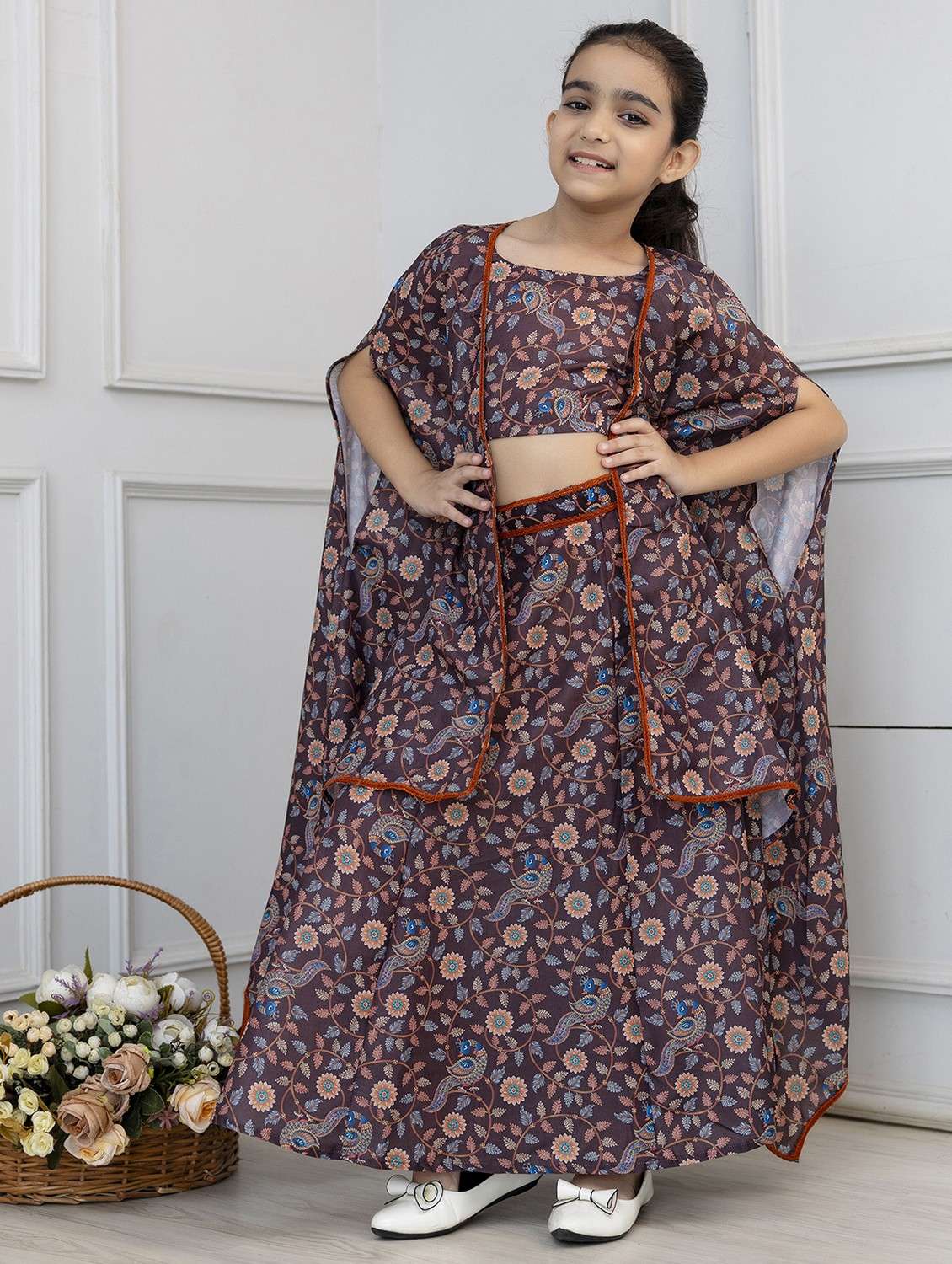 girls brown floral printed sleeveless fusion set