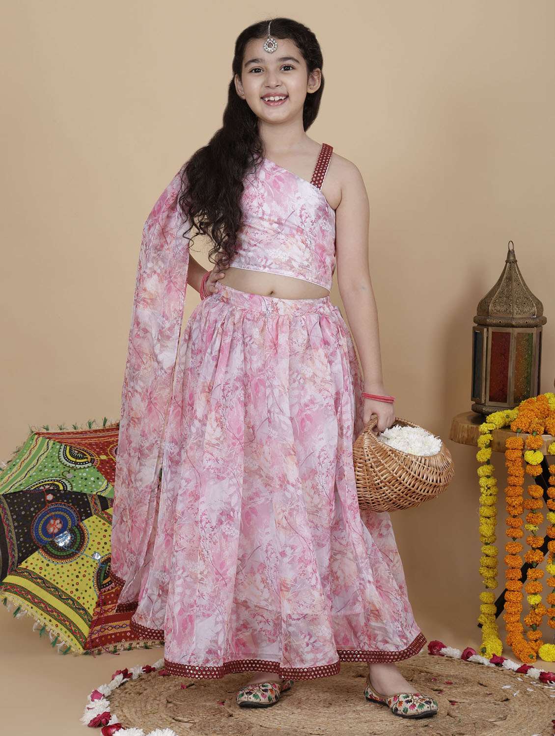girls pink floral printed one shoulder skirt top set - 21941006 - Zoom Image - 0