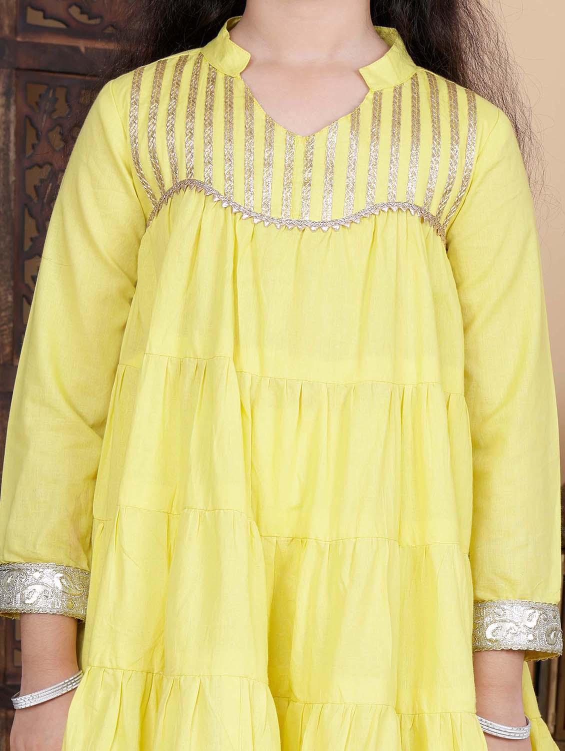girls yellow mandarin neck kurta churidaar with dupatta set - 21941007 - Standard Image - 2