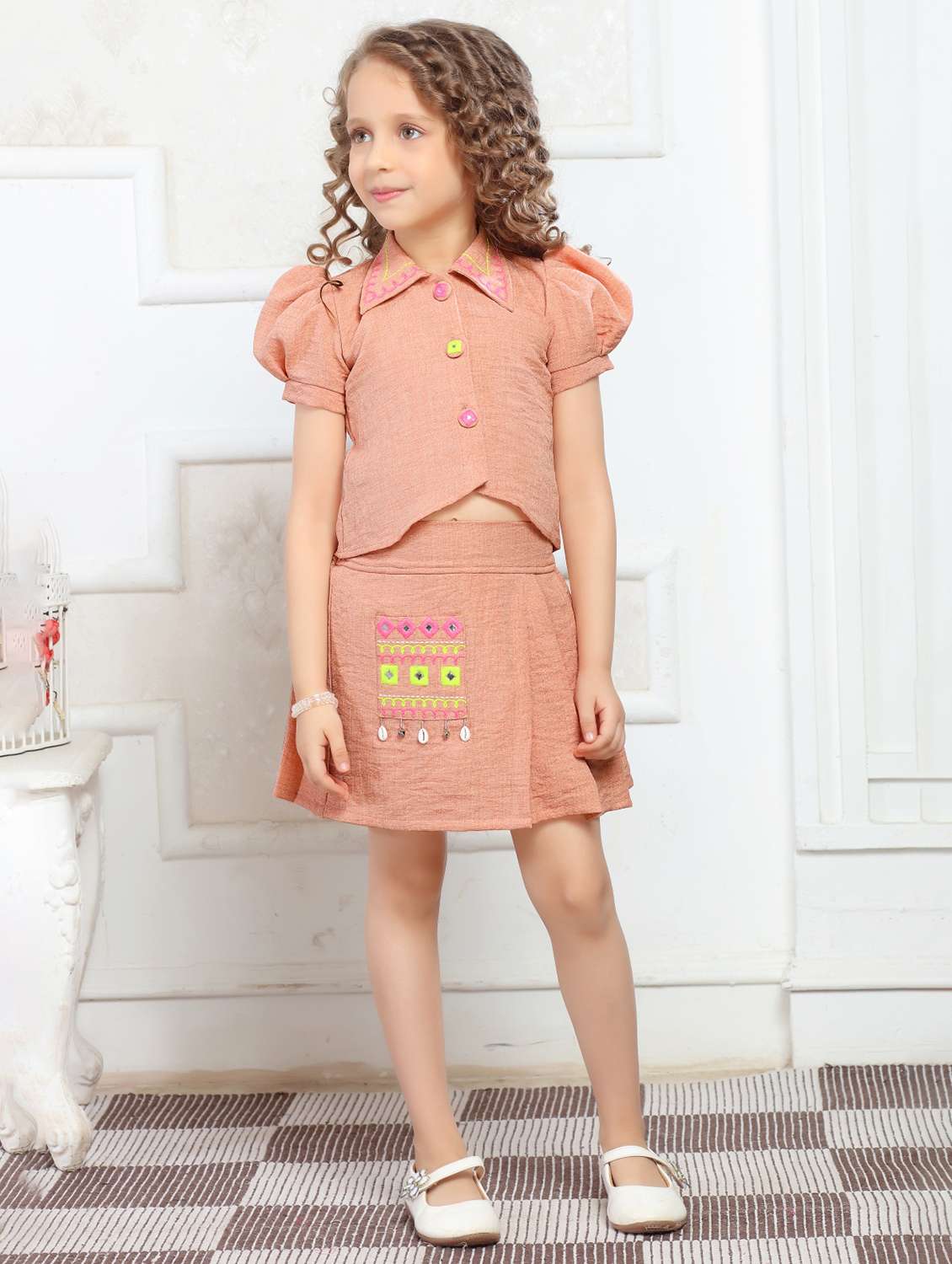girls embroidered top and skirt co-ord set