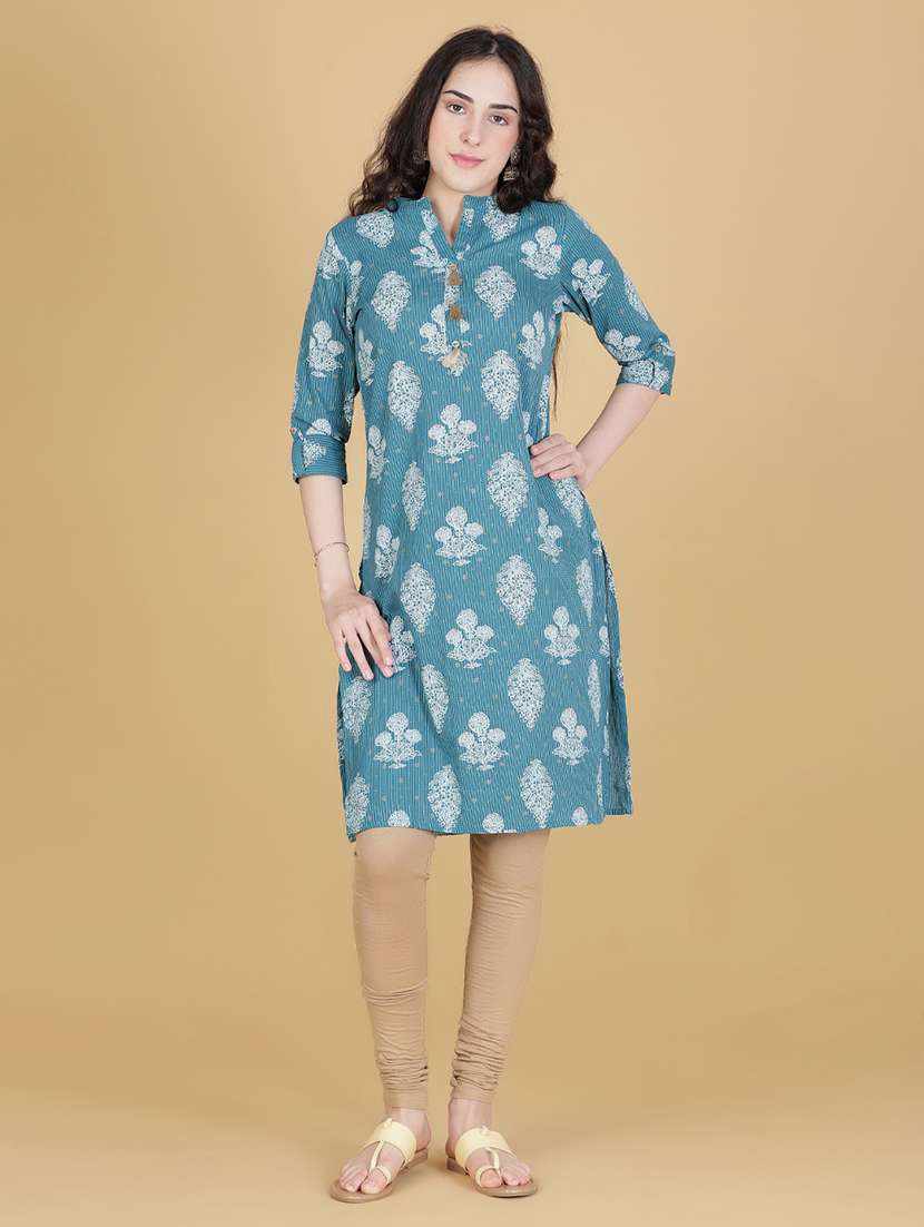 women printed three quarter sleeve straight kurta