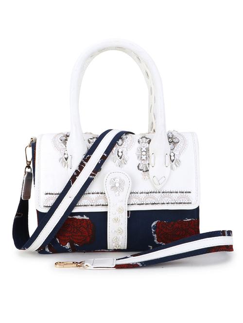 floral print embellished white & navy blue handbag - 21941335 -  Standard Image - 0