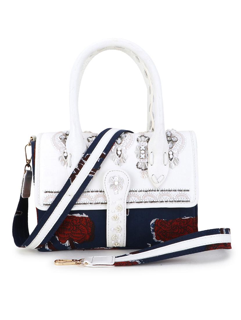 floral print embellished white & navy blue handbag - 21941335 -  Zoom Image - 0
