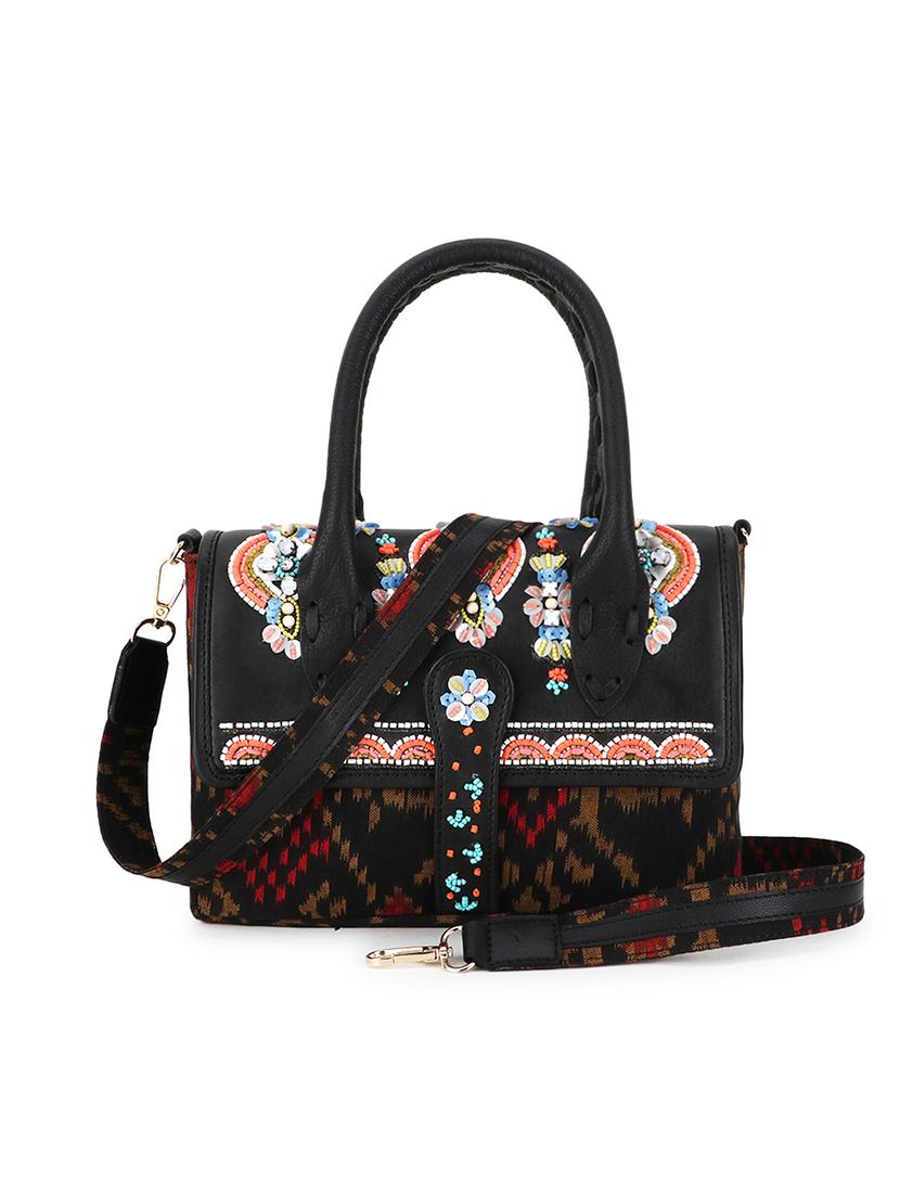 black embroidered satchel handbag with detachable strap - 21941336 - Zoom Image - 0