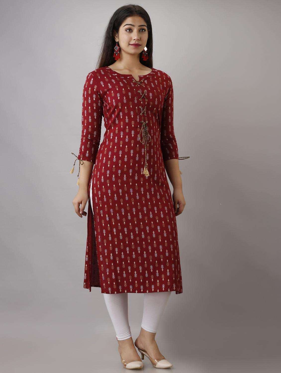 women three quarter sleeve straight kurta - 21941360 -  Standard Image - 2