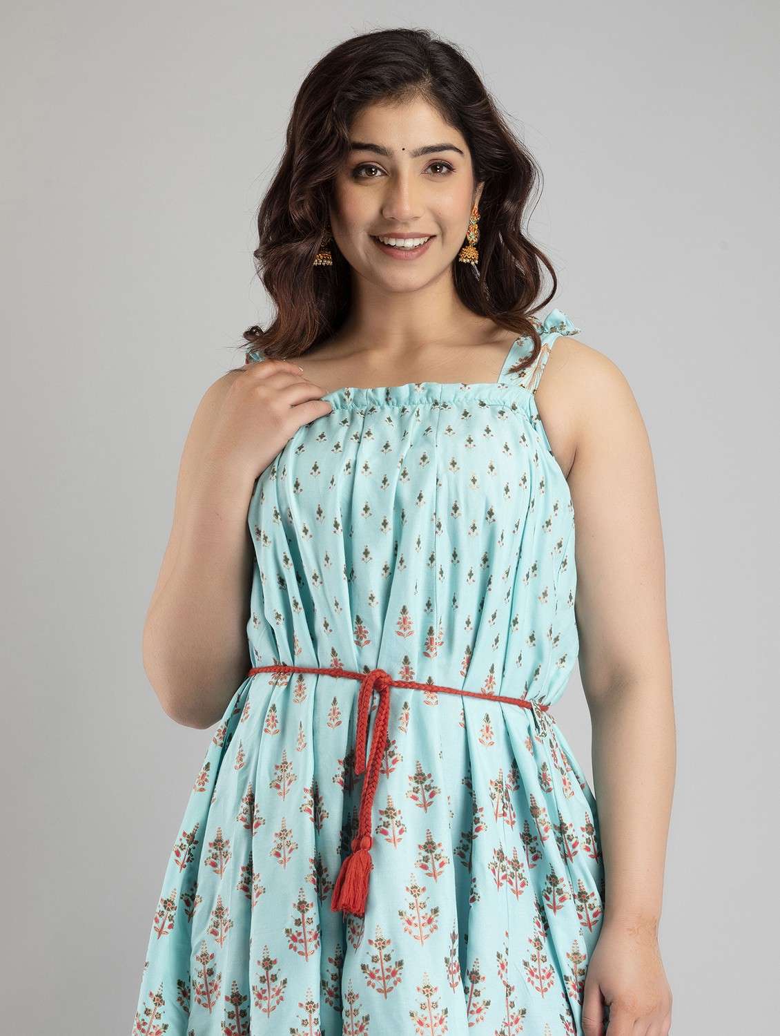women light blue sleeveless flared ethnic dress - 21941365 - Standard Image - 2