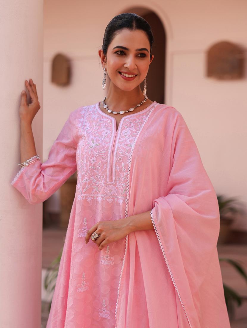 women three quarter sleeve anarkali kurta pant with dupatta set - 21941528 - Standard Image - 2