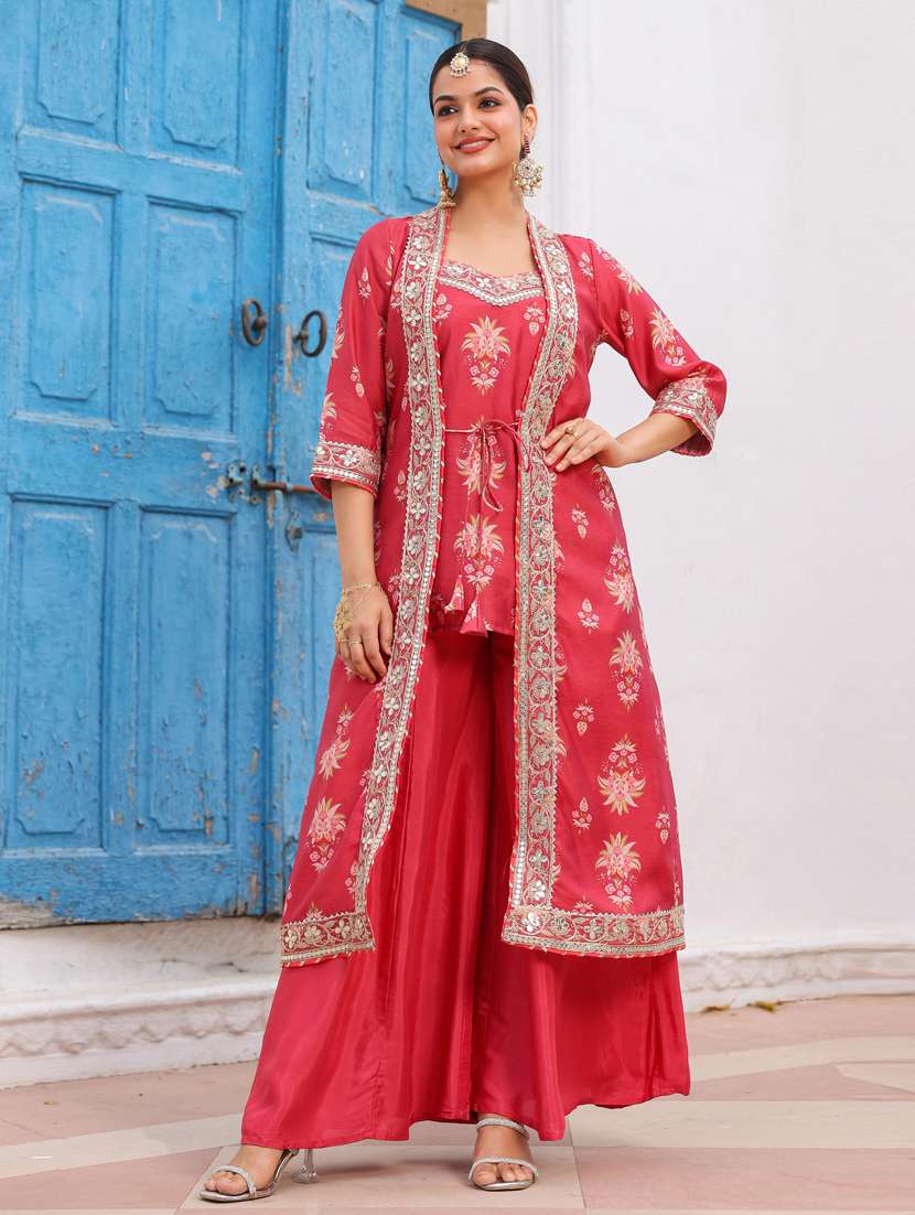 women coral three quarter sleeve fusion set