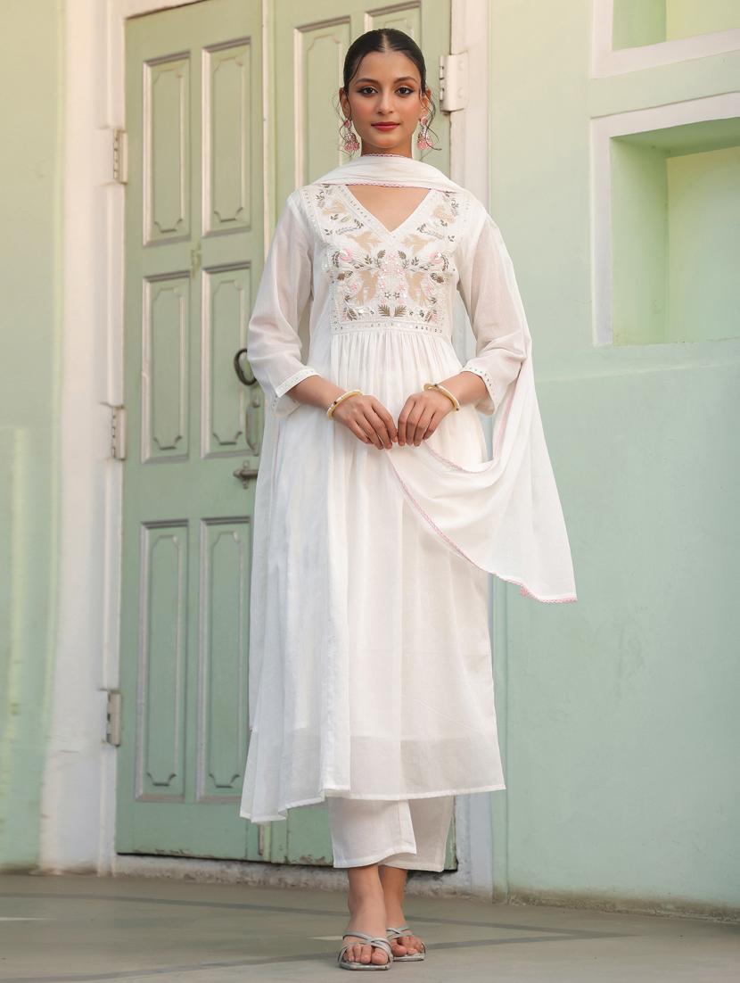 women three quarter sleeve anarkali kurta pant with dupatta set
