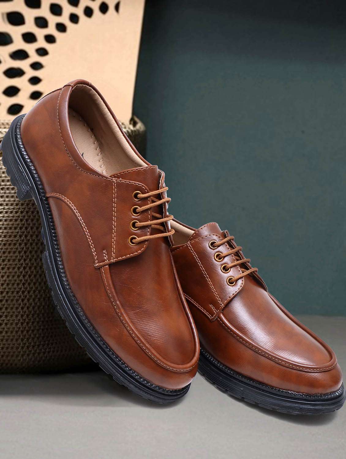 men tan lace-up derby