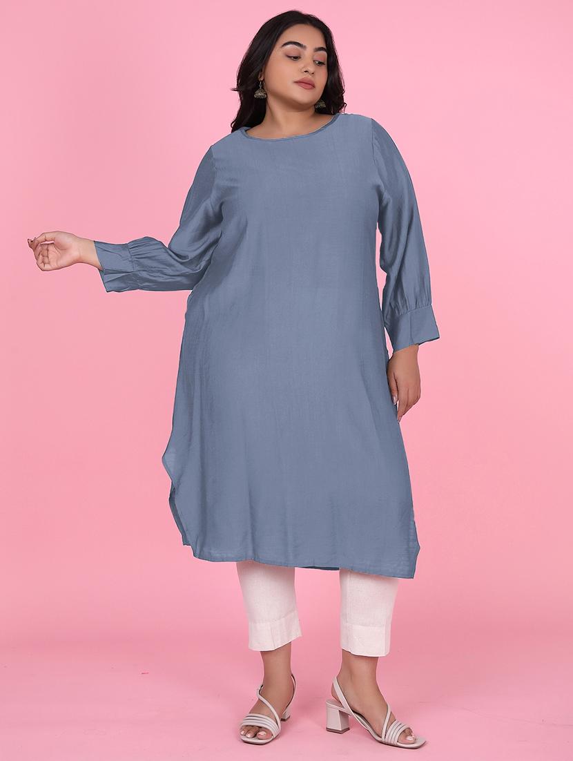 women plus size blue long sleeve straight kurta - 21941650 - Zoom Image - 0