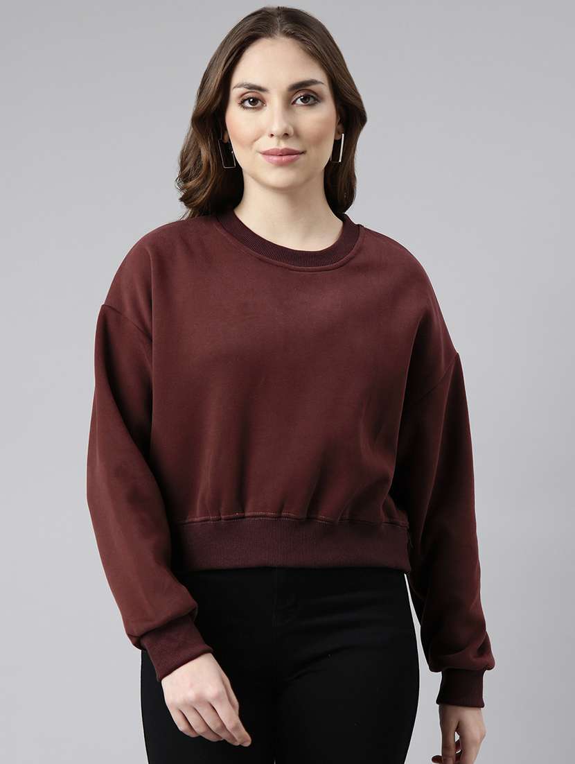 women solid long sleeve crop sweatshirt