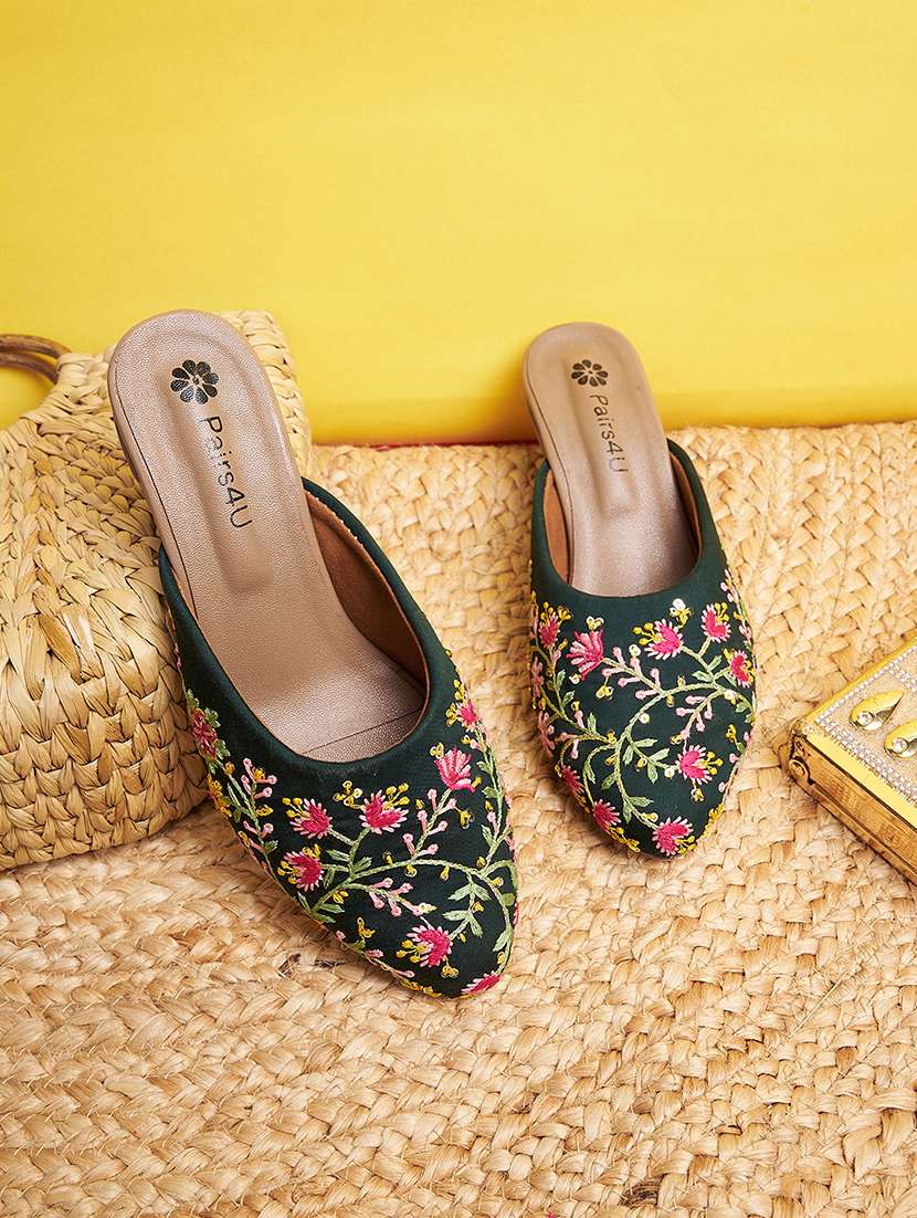 women bottle green embroidered slip on mule