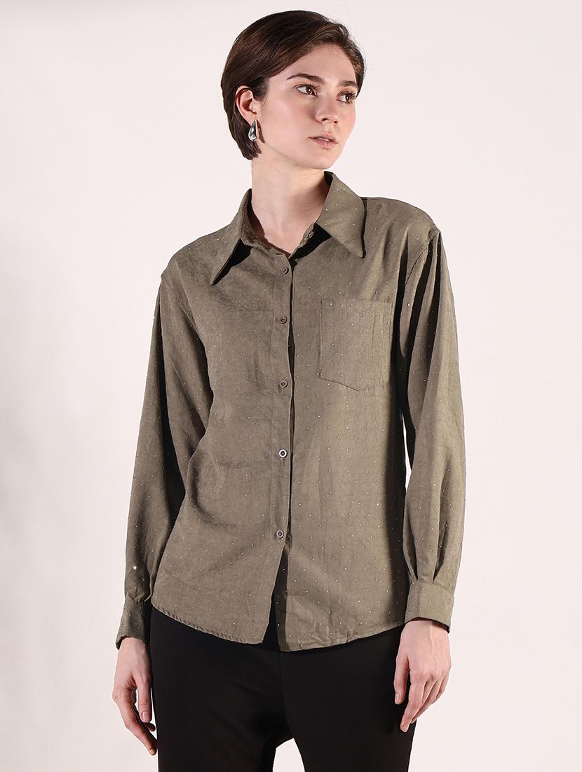 women solid collared long sleeve shirt - 21941697 - Zoom Image - 0