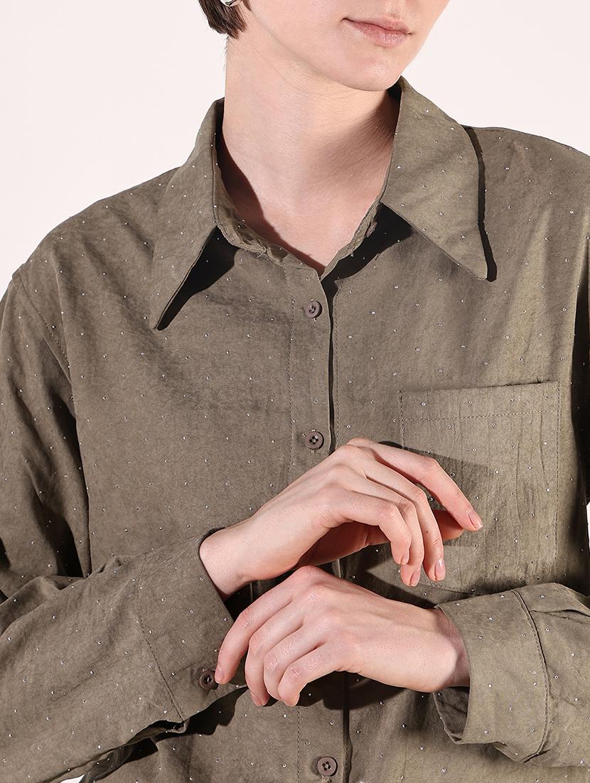 women solid collared long sleeve shirt - 21941697 - Standard Image - 2