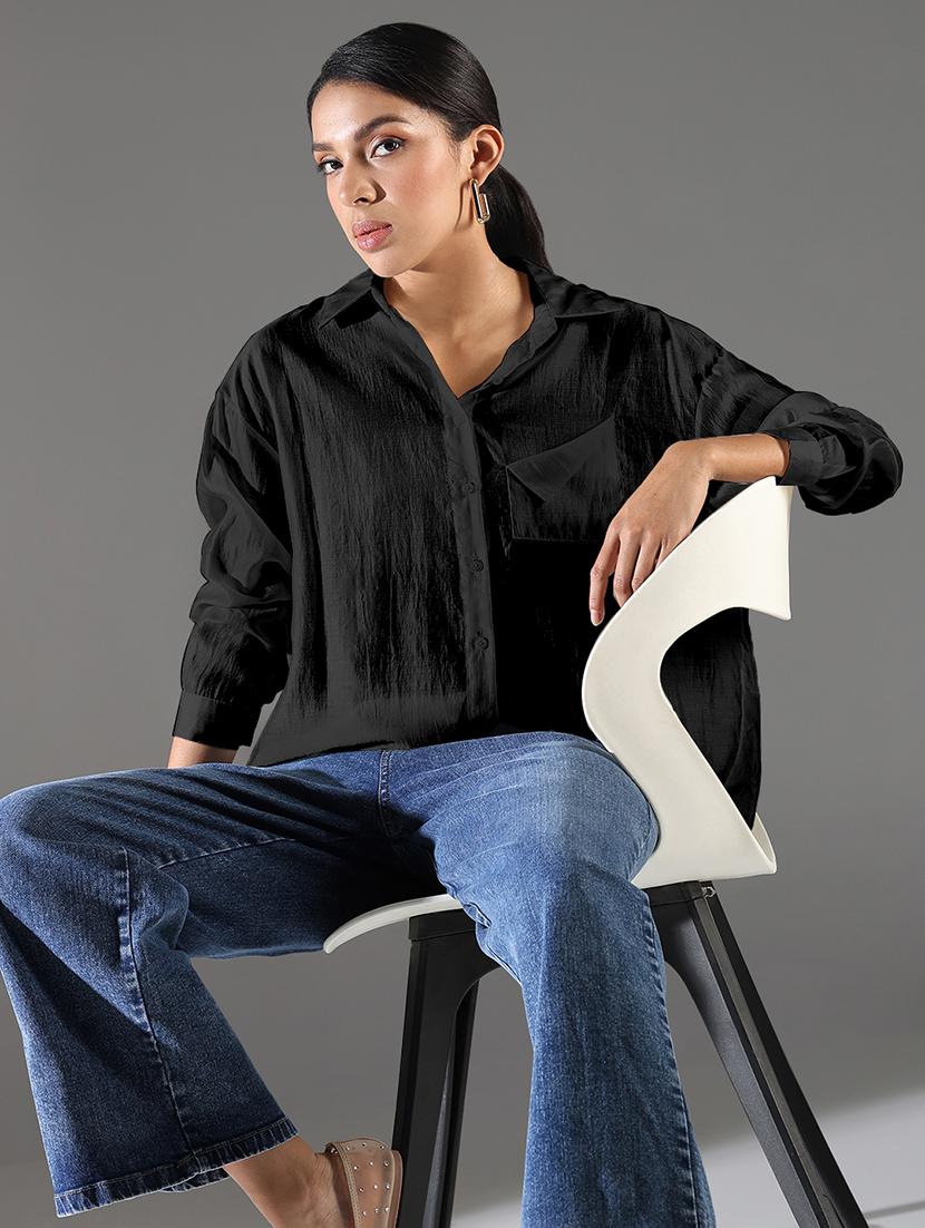 women black solid collared long sleeve ocersized shirt - 21941698 - Zoom Image - 0
