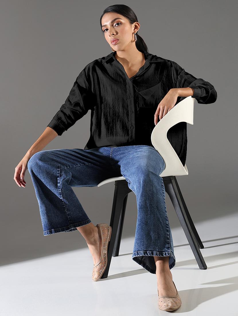 women black solid collared long sleeve ocersized shirt - 21941698 - Standard Image - 2