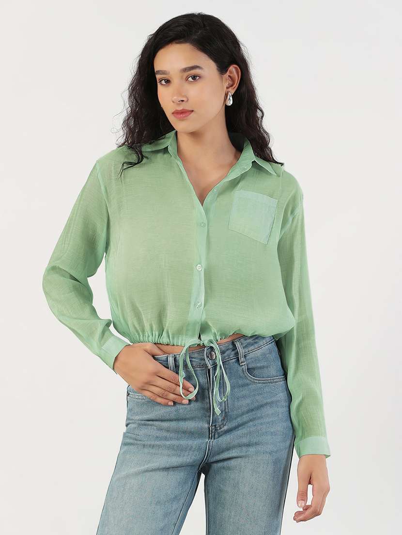 women solid collared long sleeve crop shirt