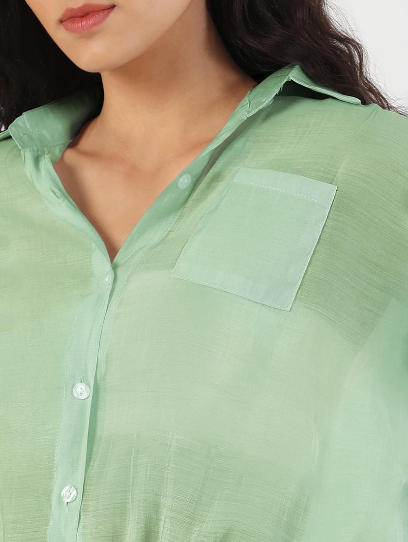 women solid collared long sleeve crop shirt - 21941699 - Standard Image - 2