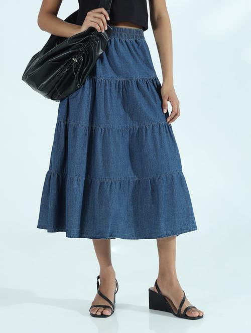 women solid mid rise denim tiered skirt - 21941769 -  Standard Image - 0