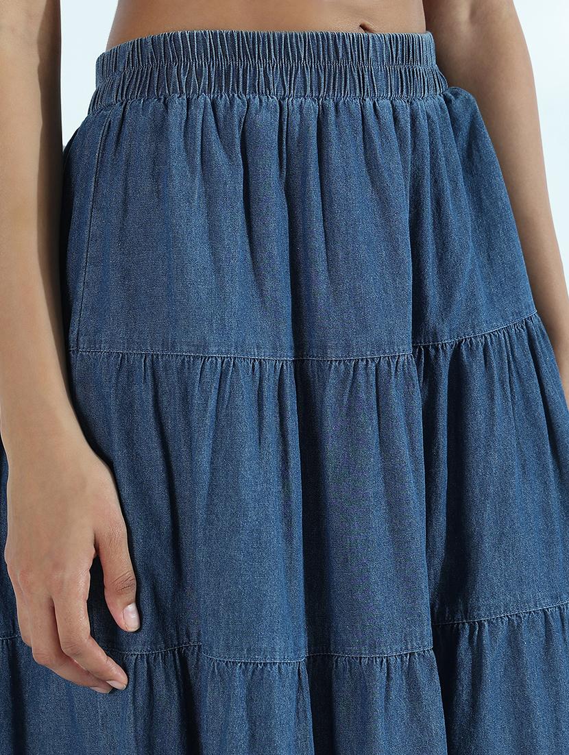 women solid mid rise denim tiered skirt - 21941769 - Standard Image - 2