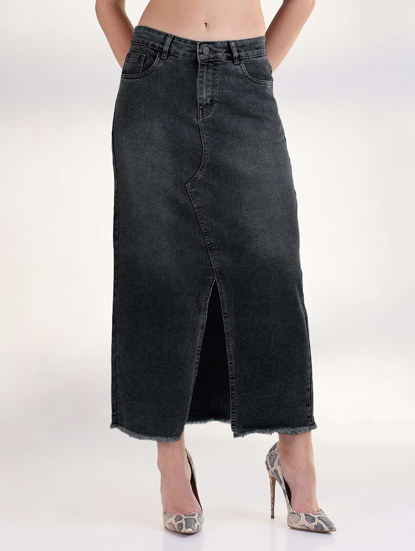 women solid mid rise maxi denim skirt