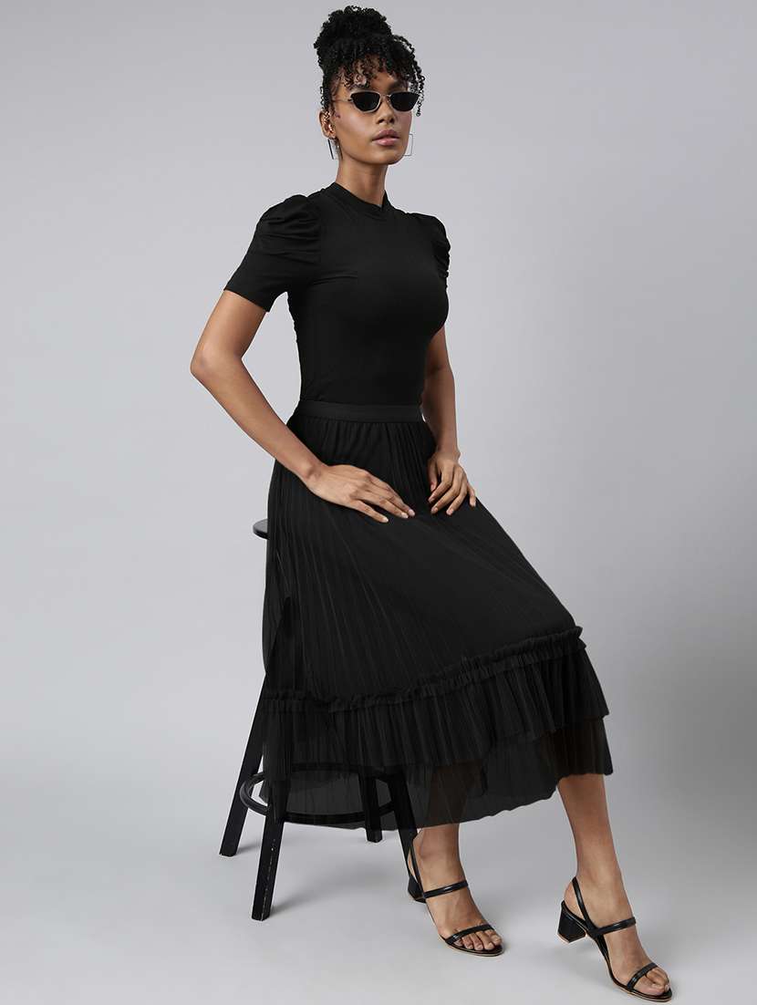 women black solid high rise tiered skirt - 21941779 -  Standard Image - 2
