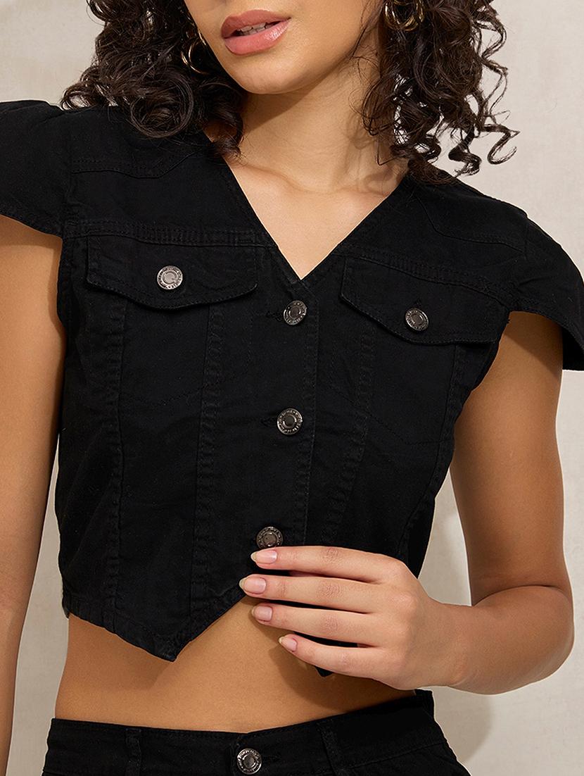 women solid denim top and skirt co-ord set - 21941785 - Standard Image - 2