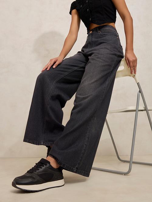 women solid high rise wide leg jeans - 21941812 - Standard Image - 0