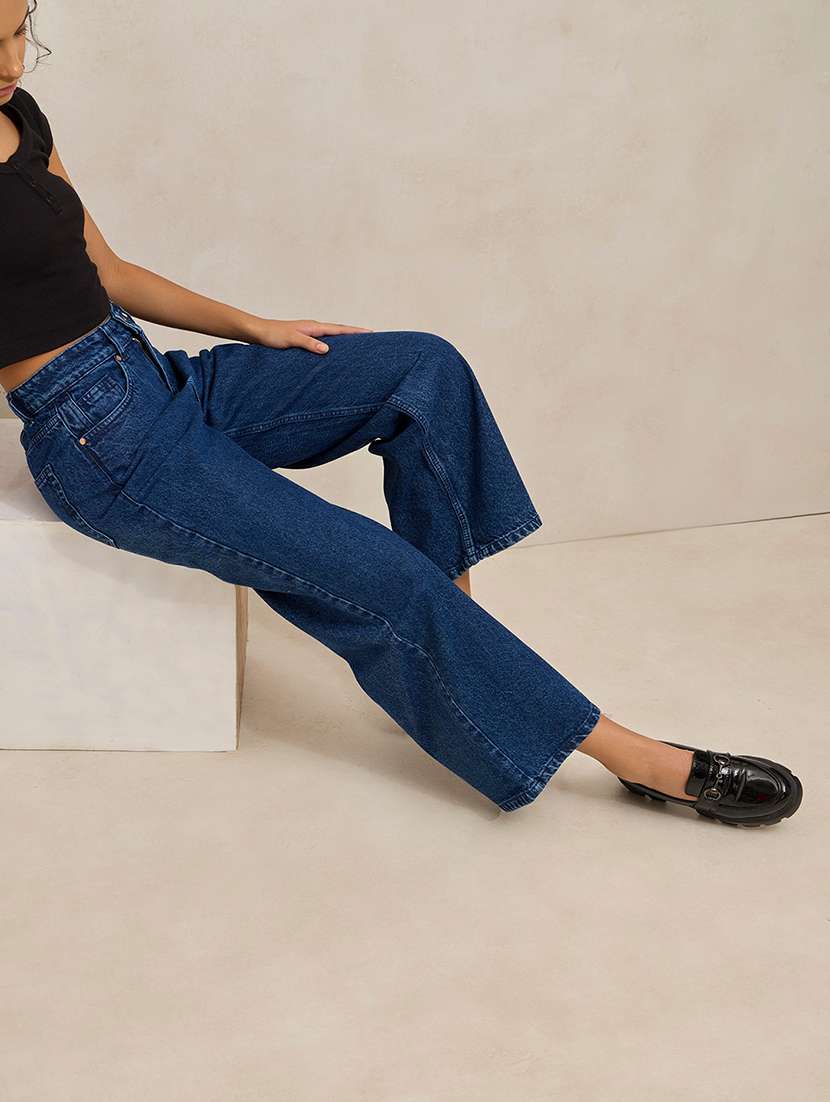 women solid high rise wide leg jean