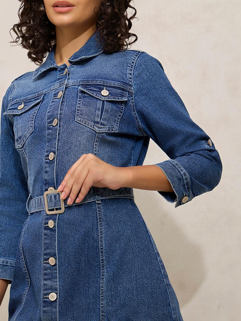 women solid collared denim shirt dress - 21941856 - Standard Image - 2