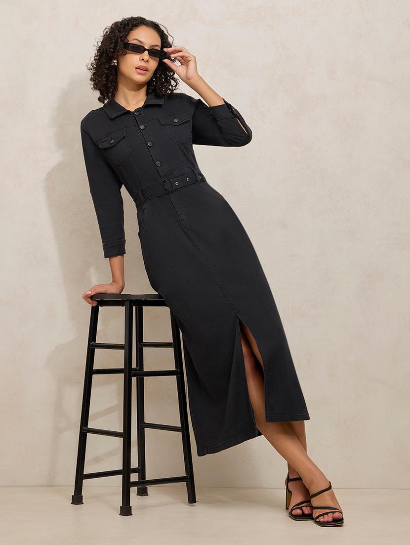 women black solid collared belted dress